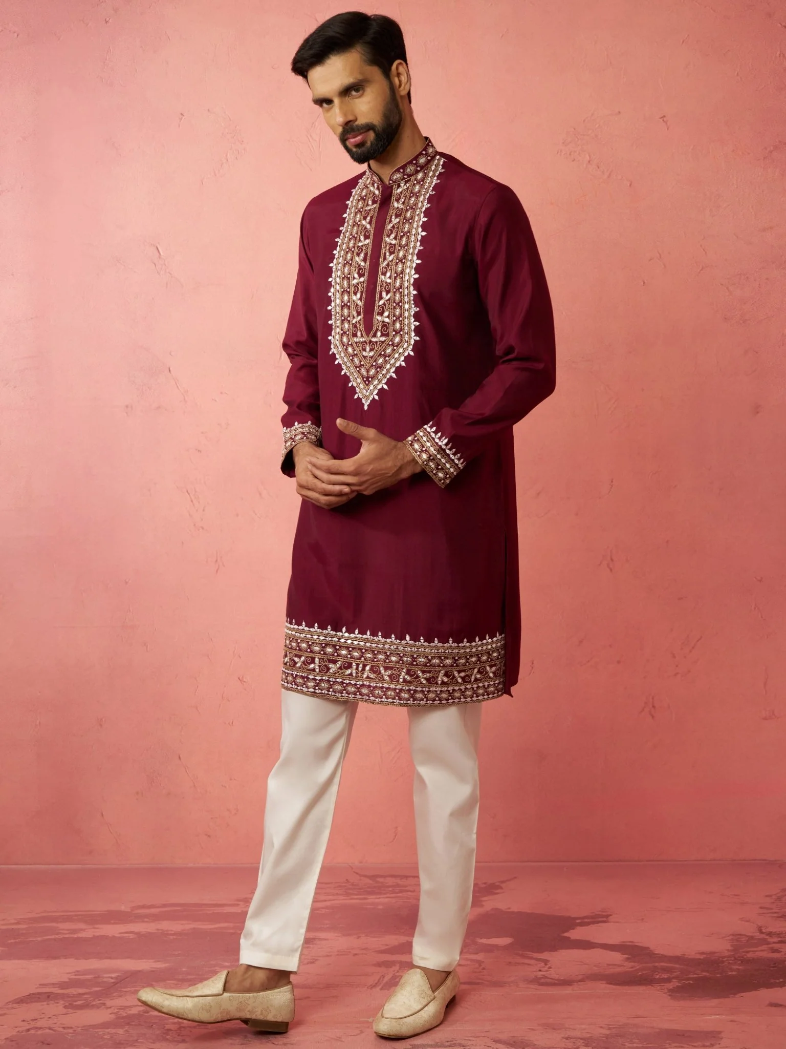 Men's Wine Chanderi Kurta Set with Cream Pyjama - Image 4