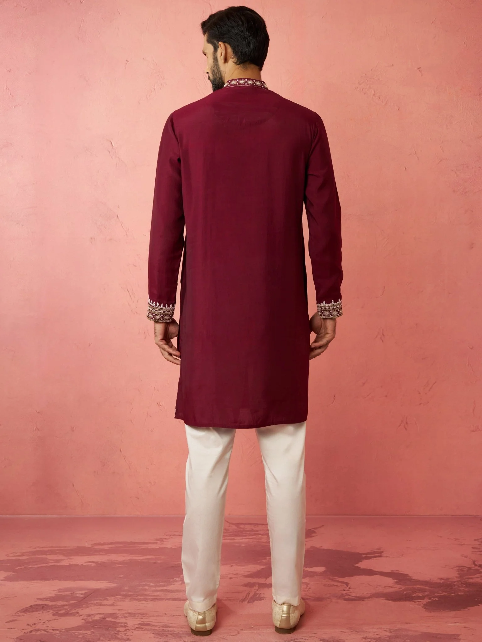 Men's Wine Chanderi Kurta Set with Cream Pyjama - Image 5