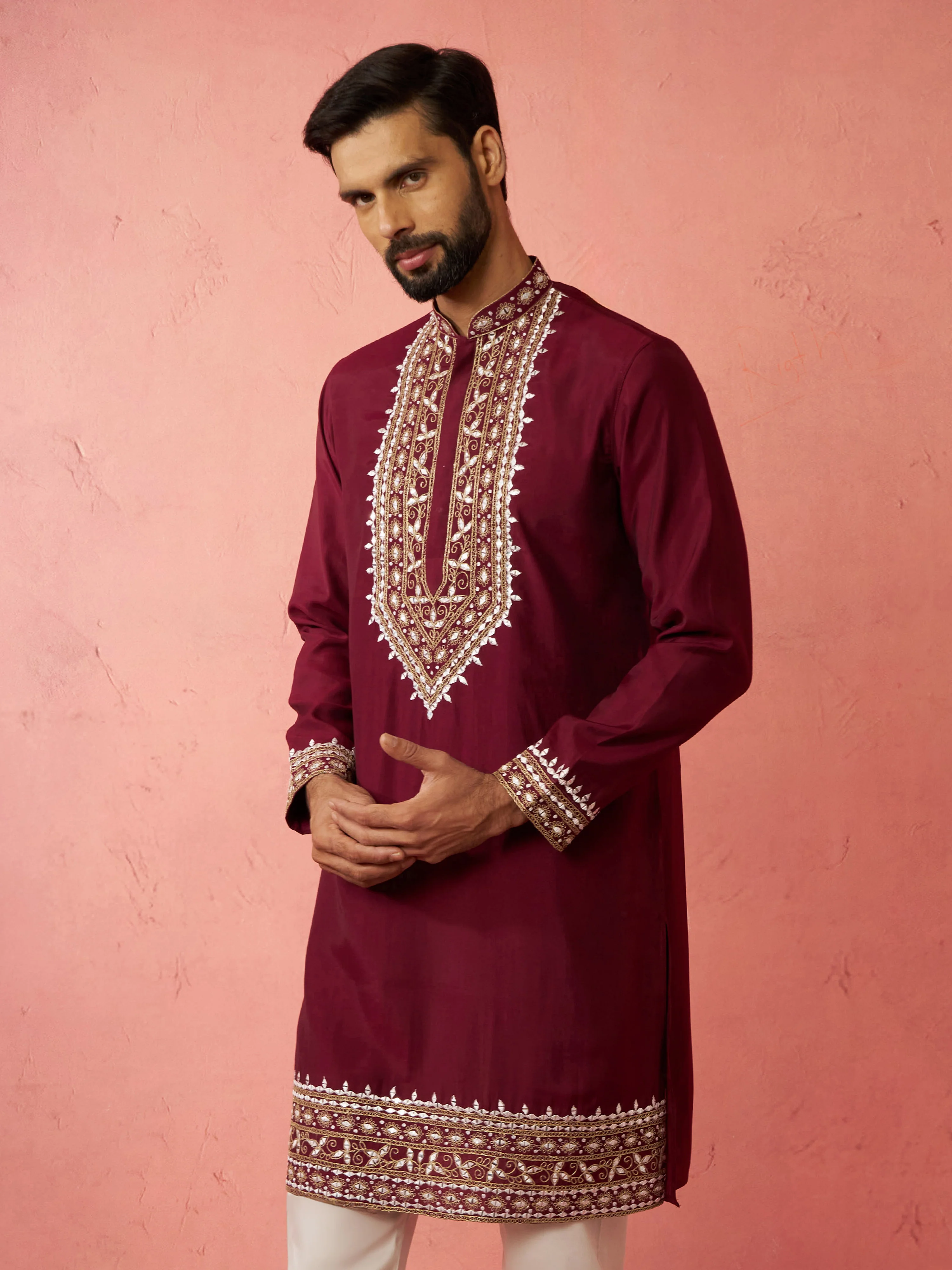 Men's Wine Modal Chanderi Kurta - Image 5