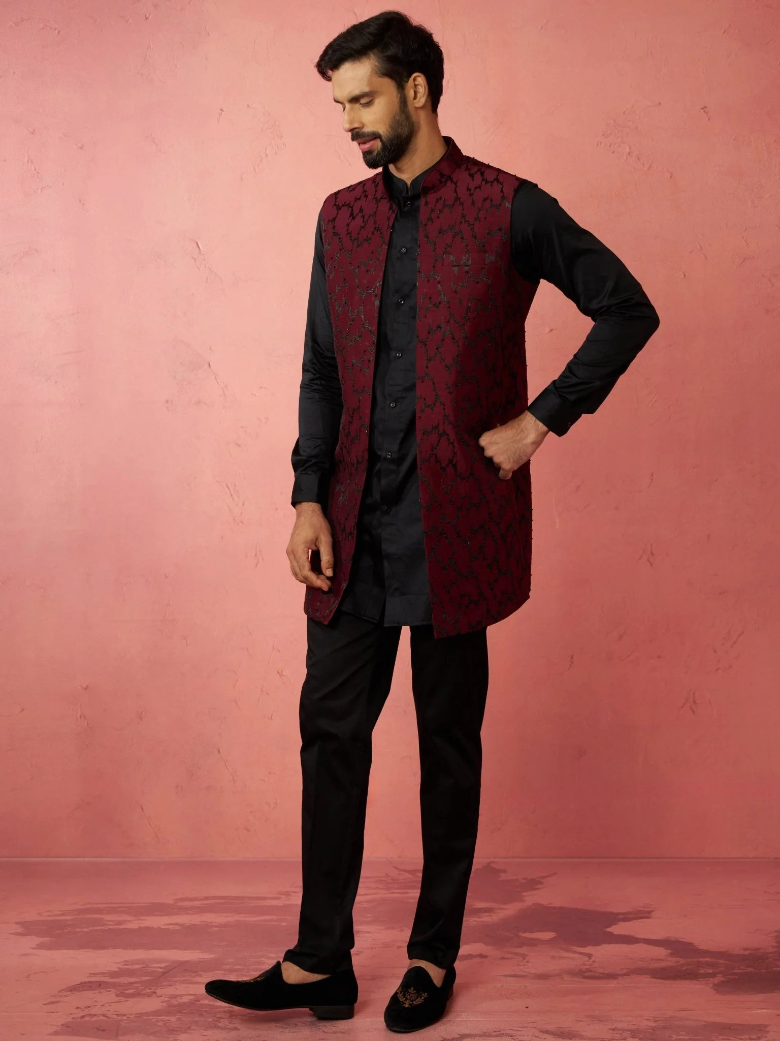 Men's Wine Silk Nehru Jacket Kurta Set - Image 3