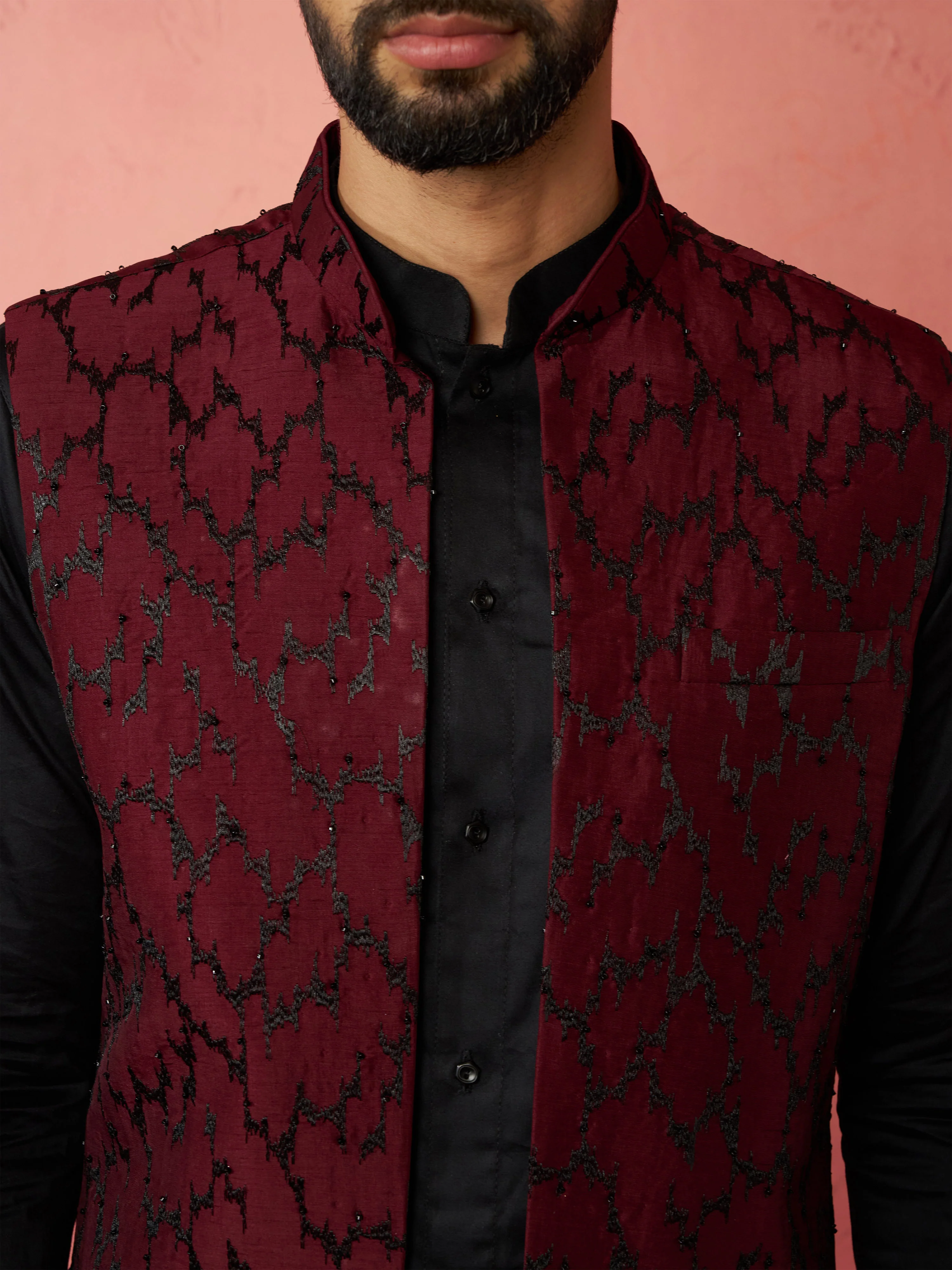 Men's Wine Silky Abstract Embroidered Nehru Jacket - Image 2