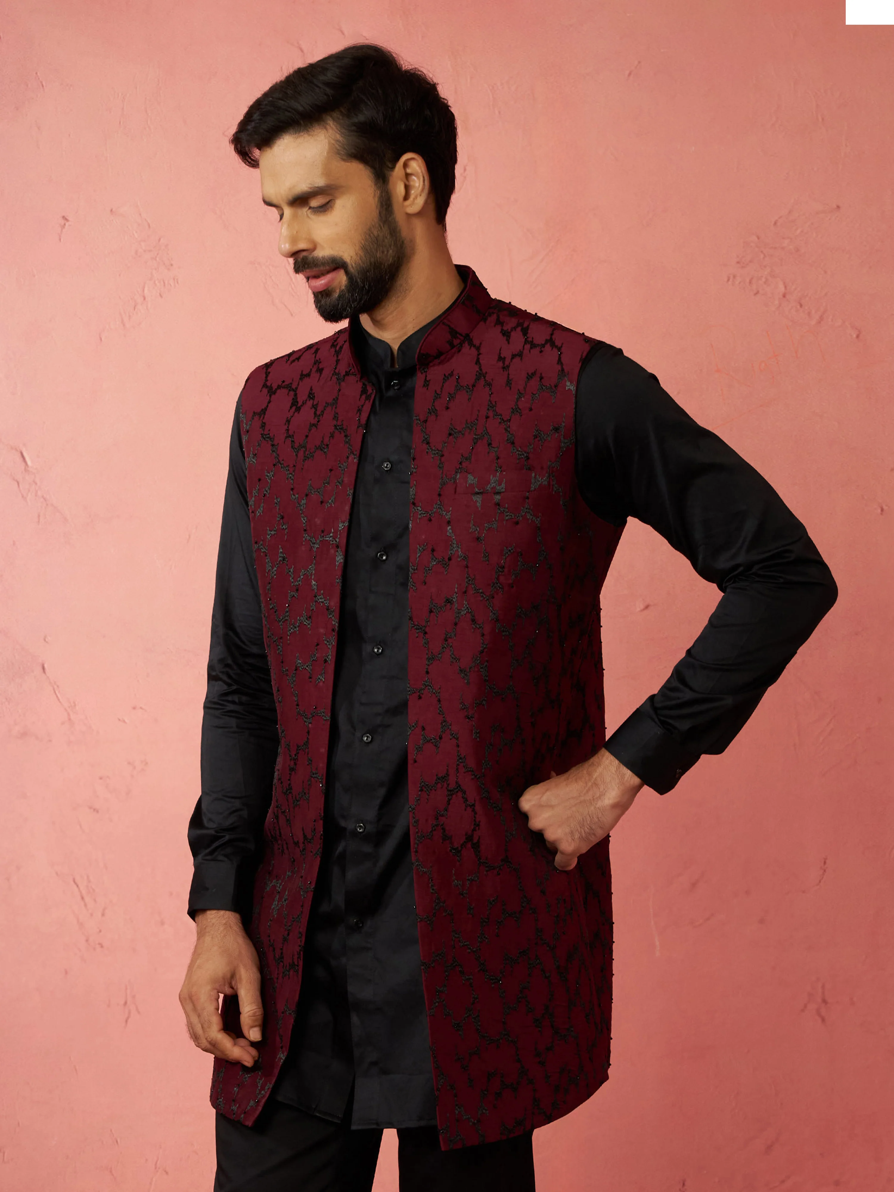 Men's Wine Silky Abstract Embroidered Nehru Jacket - Image 4