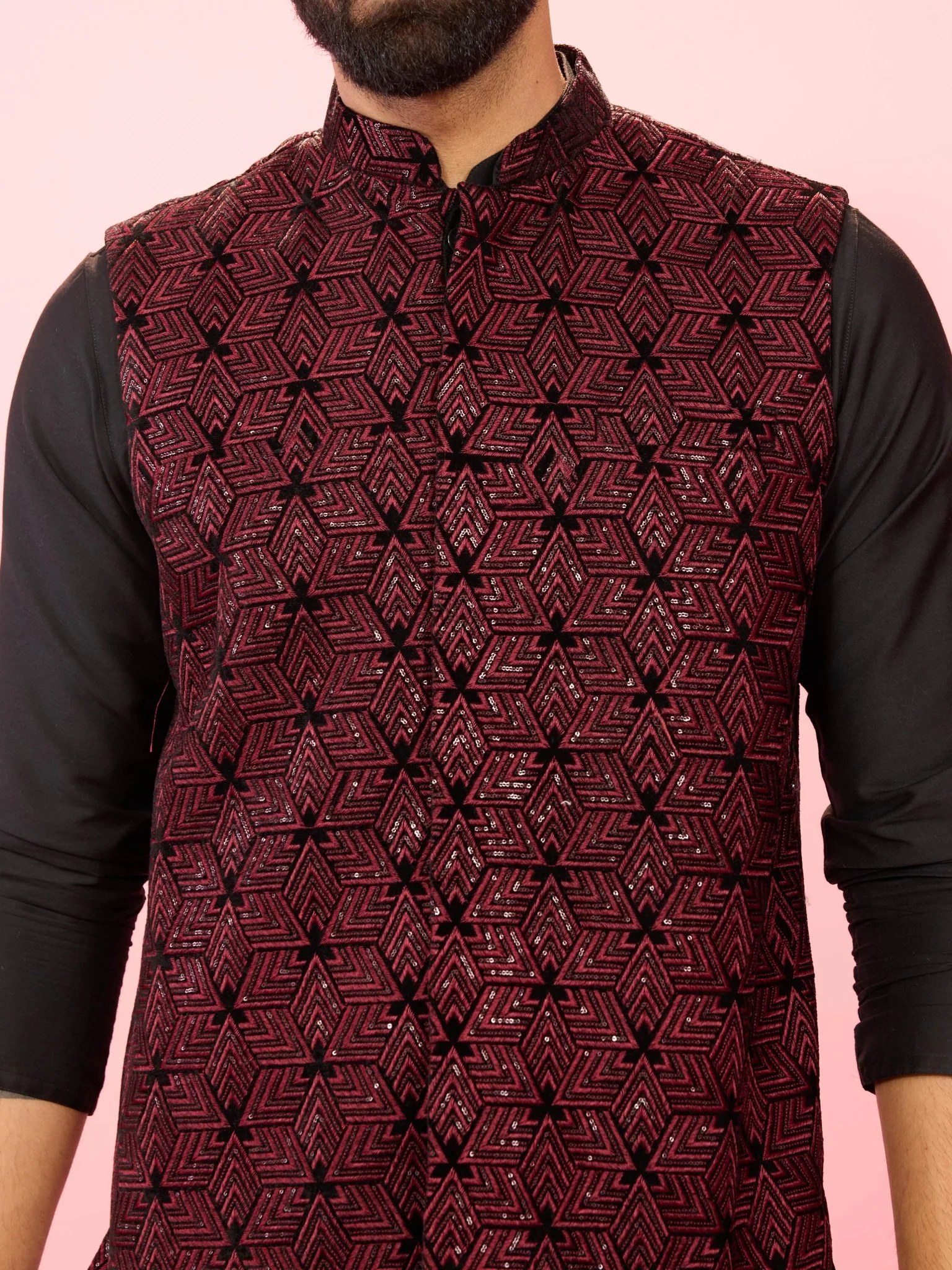 Men's Wine Velvet Thread & Sequin Geometric Embroidered Nehru Jacket - Image 2