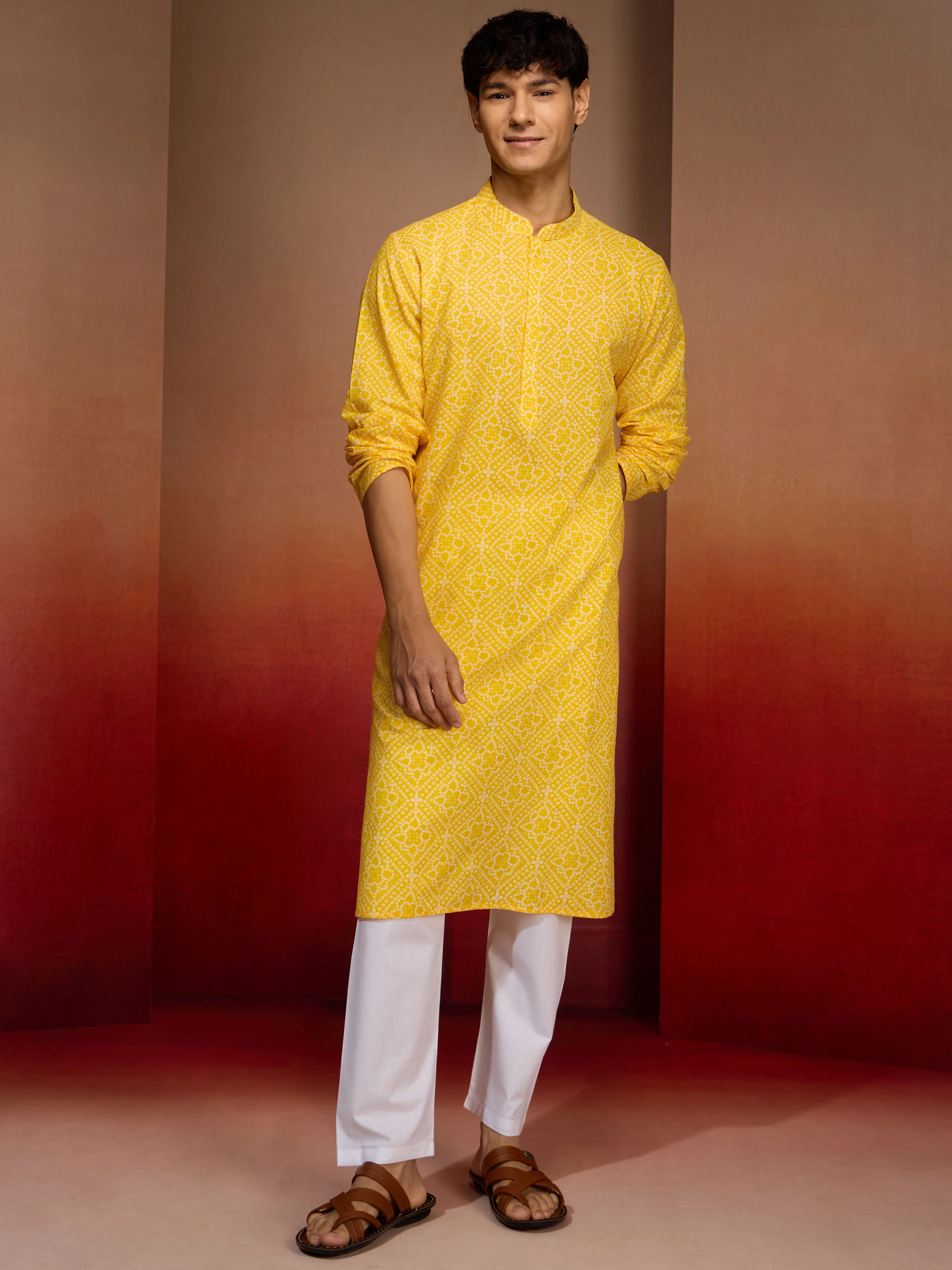 Mens Yellow Bandhani Kurta with Pyjama - Image 3