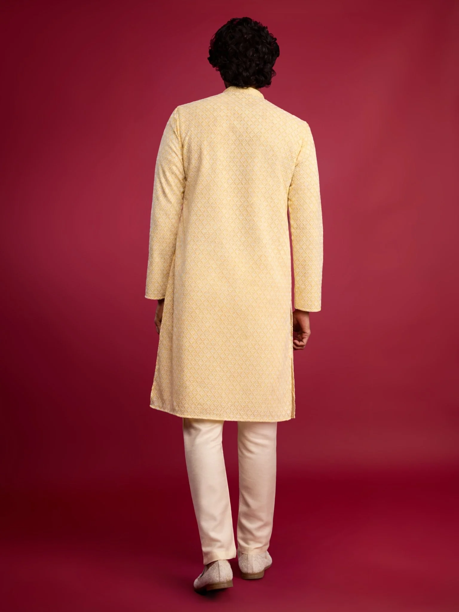 Men's Yellow Faux Georgette Kurta with Cream Pyjama Set - Image 5