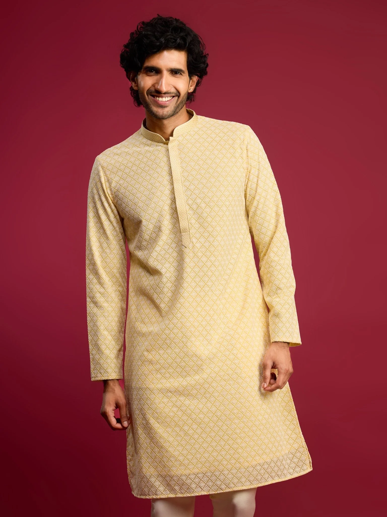 Men's Yellow Faux Georgette Thread Embroidered Long Kurta - Image 3
