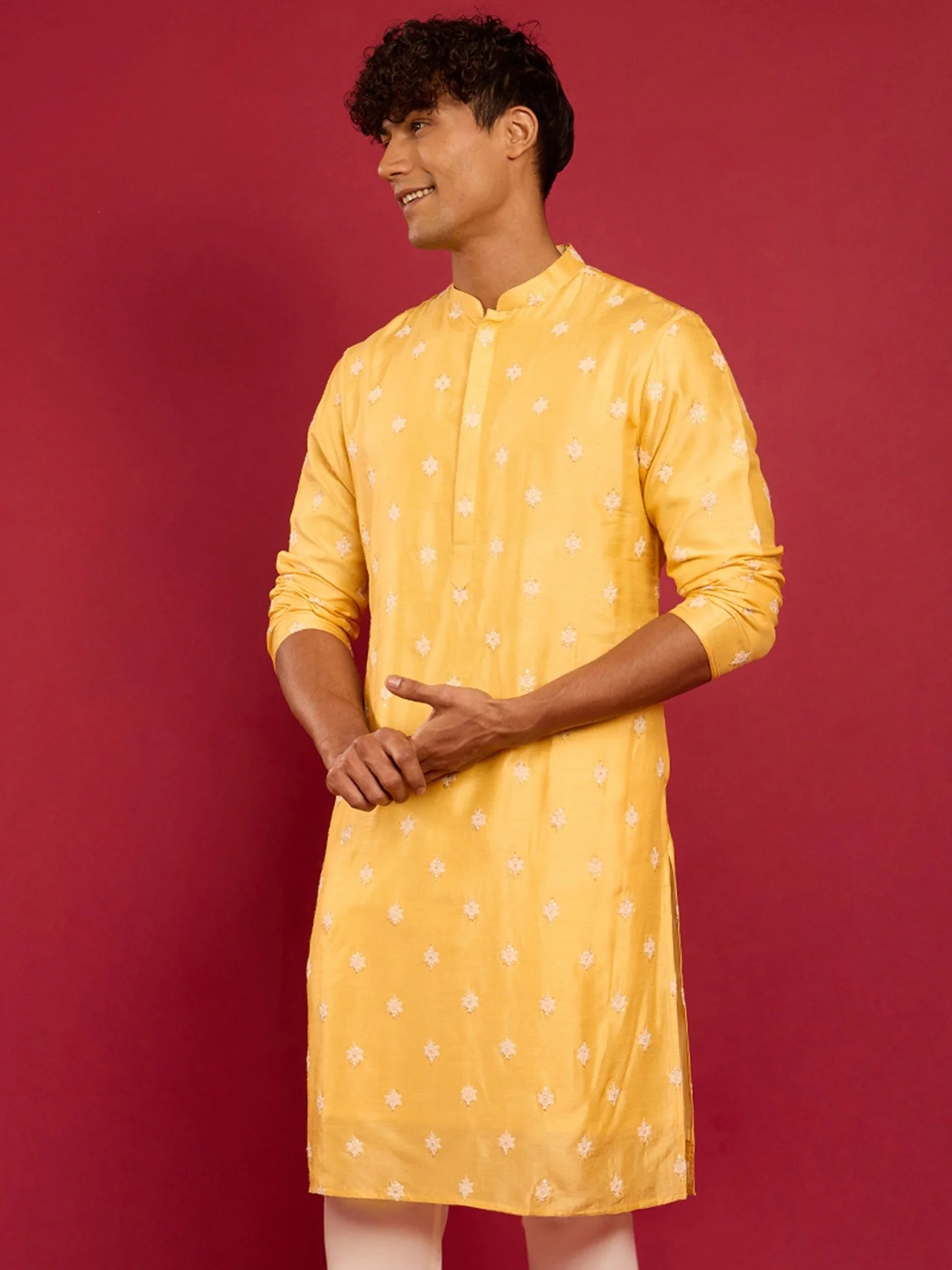 Men's Yellow Silk Blend Kurta - Image 4