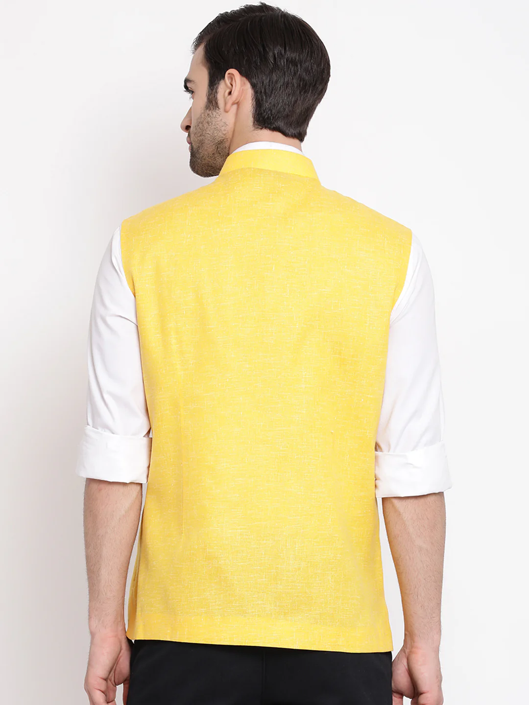 Men's Yellow Solid Classic Royal Cotton Blend Nehru Jacket - Image 3