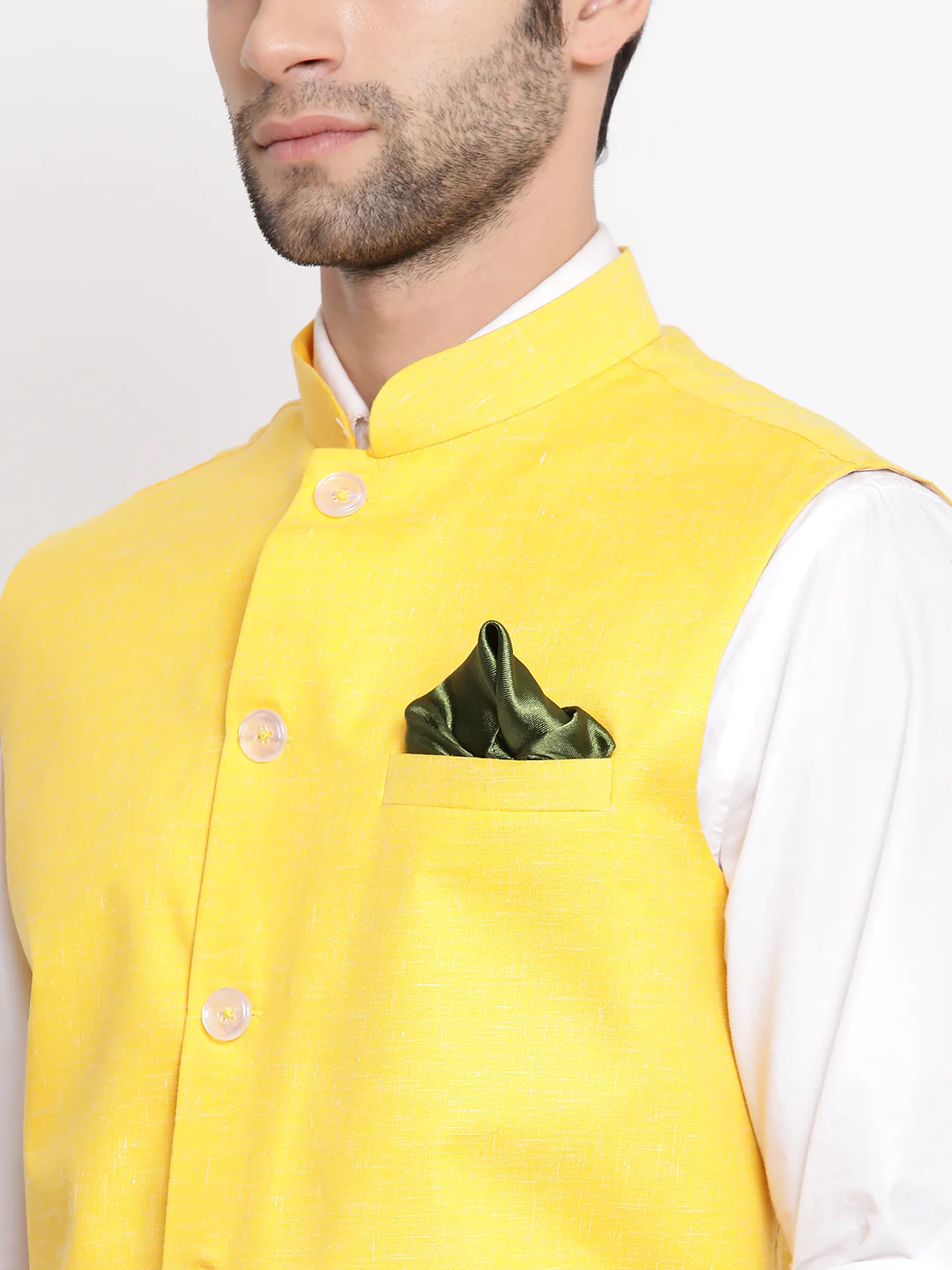 Men's Yellow Solid Classic Royal Cotton Blend Nehru Jacket - Image 4