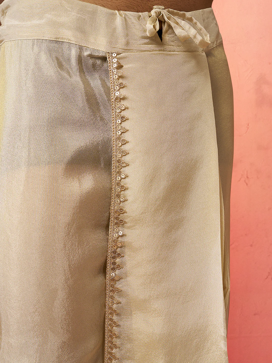 Men's Yellow Viscose Embroidered Kurta with Beige Tissue Dhoti Set - Image 7