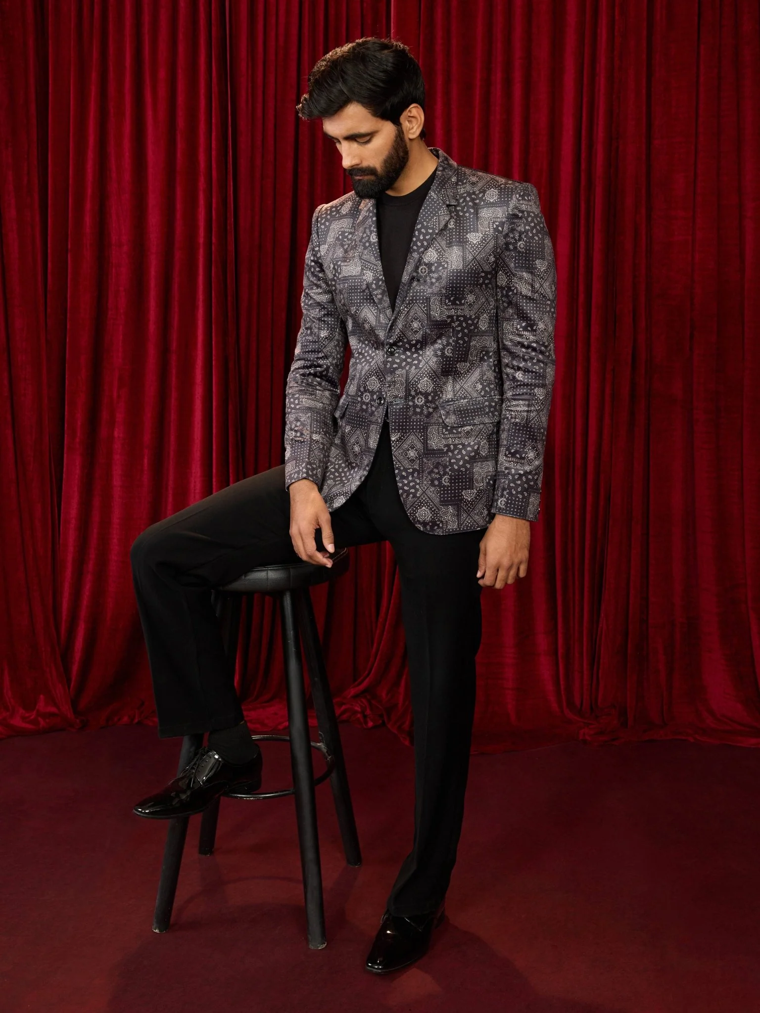 Men's's Black Velvet Paisley Digital Print Blazer with Black Straight Pant Set