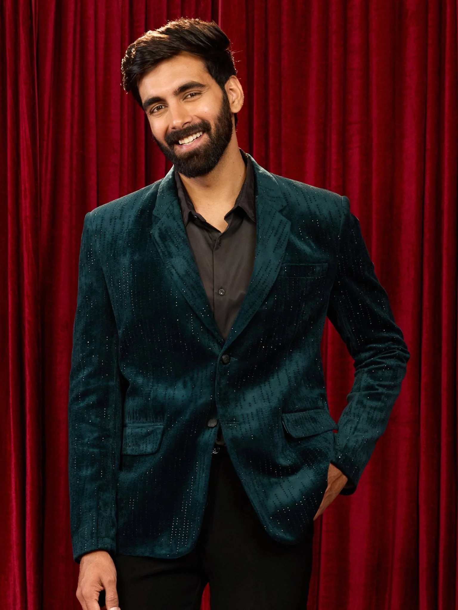 Men's's Bottle Green Milan Velvet Stone Work Blazer - Image 3