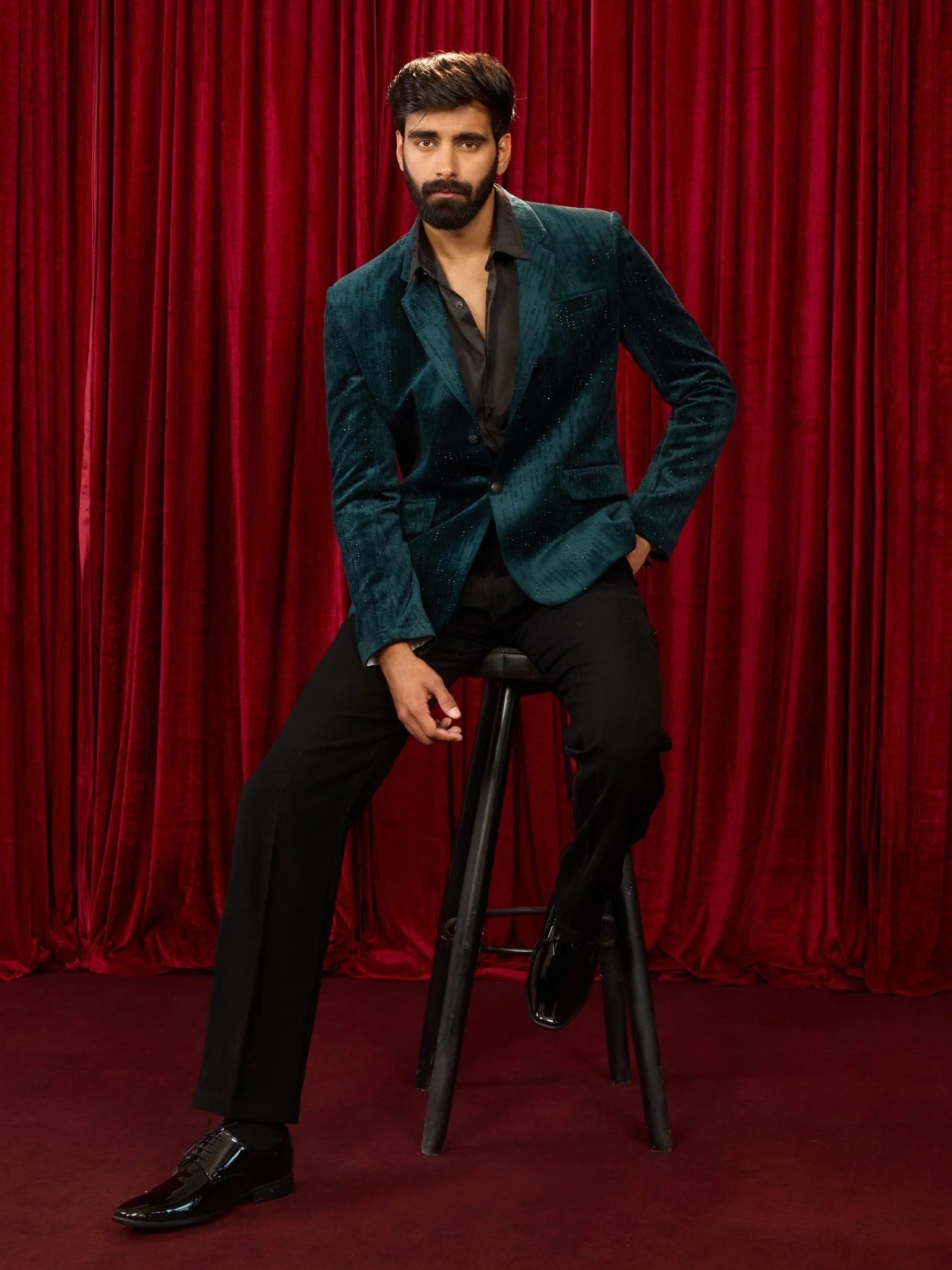 Men's's Bottle Green Milan Velvet Stone Work Blazer - Image 6