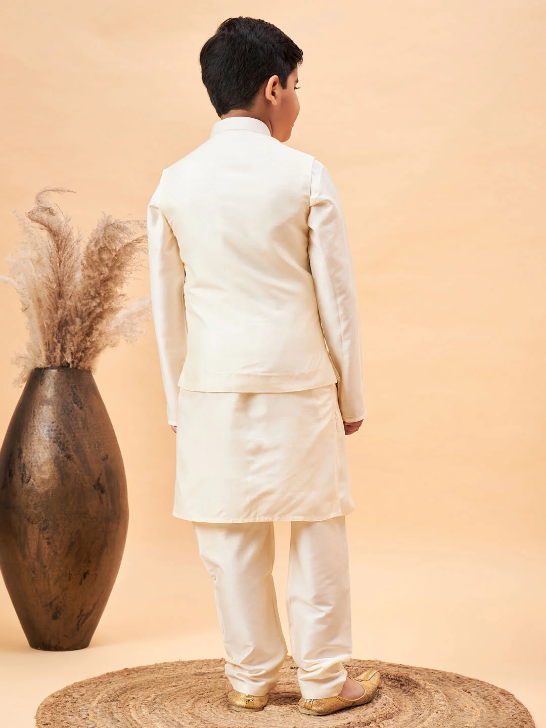 Boy's Cream Mirror Work Jacket And Solid Kurta Pyjama Set - Image 3