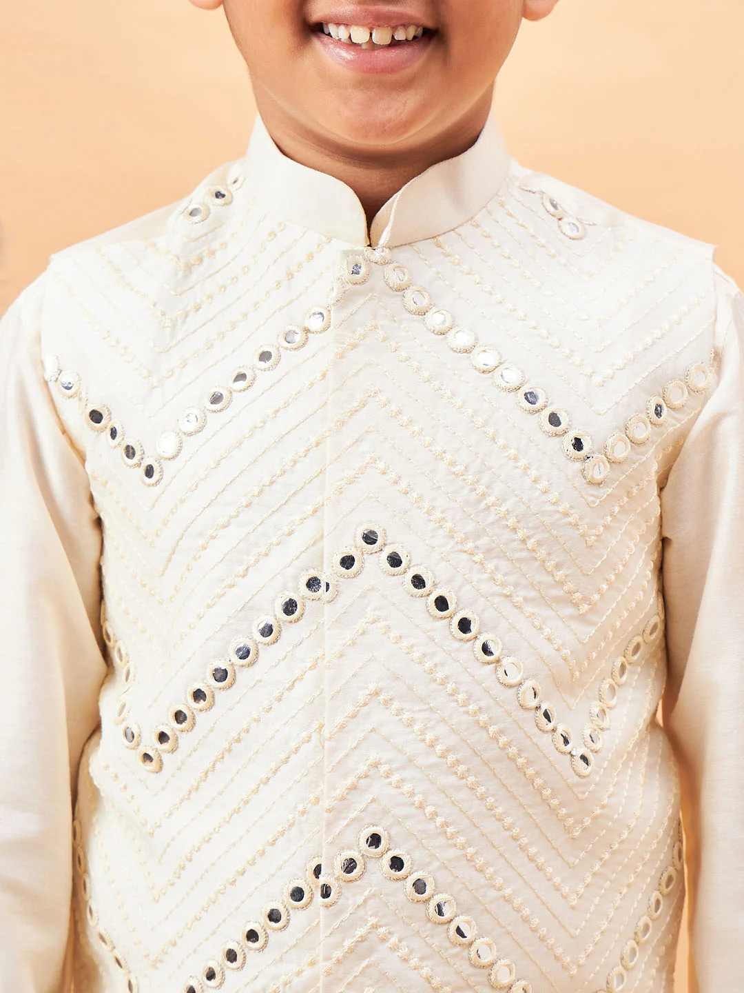 Boy's Cream Mirror Work Jacket And Solid Kurta Pyjama Set - Image 4