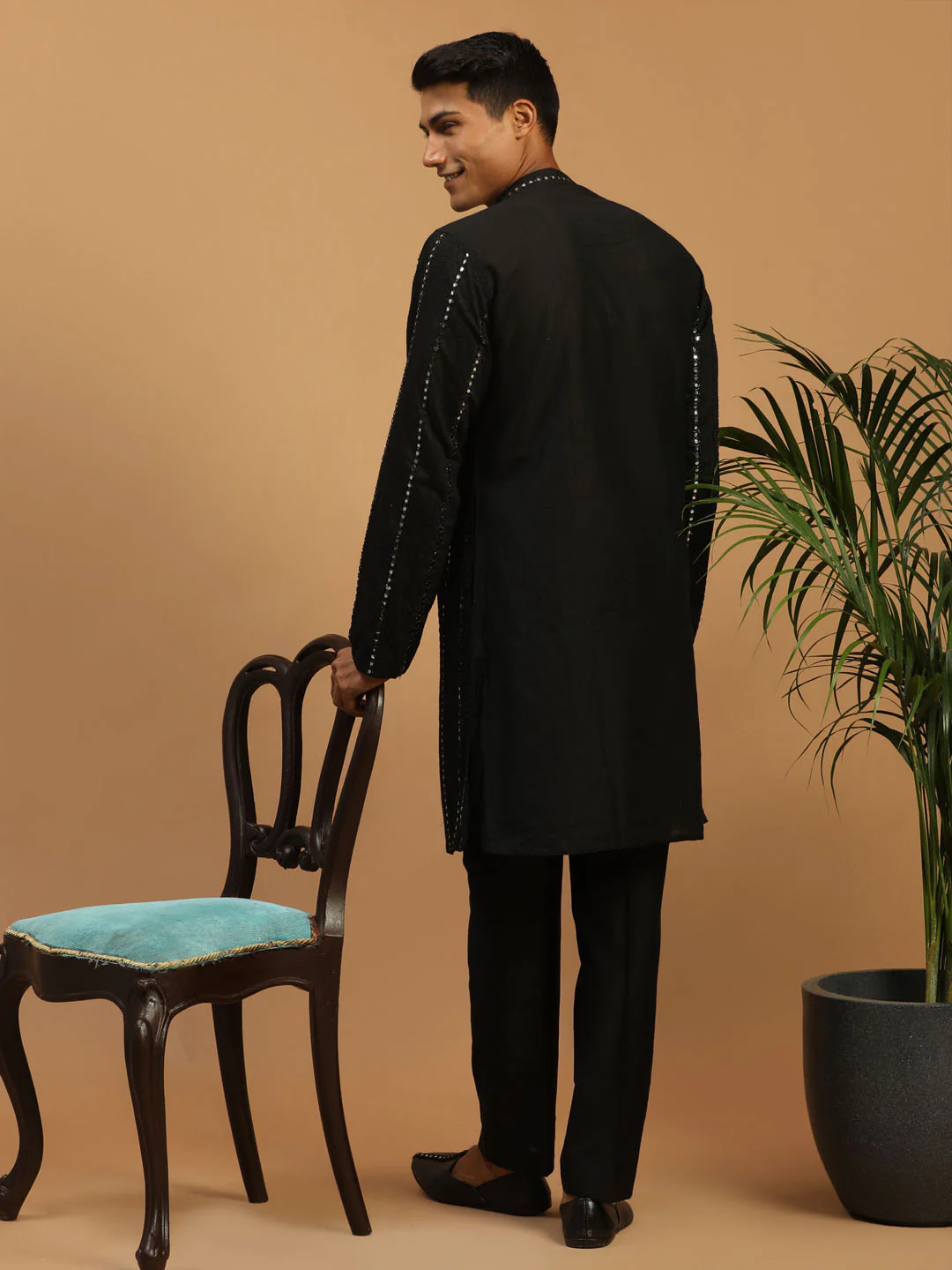 Men's Black Mirror Kurta Pant Set - Image 3