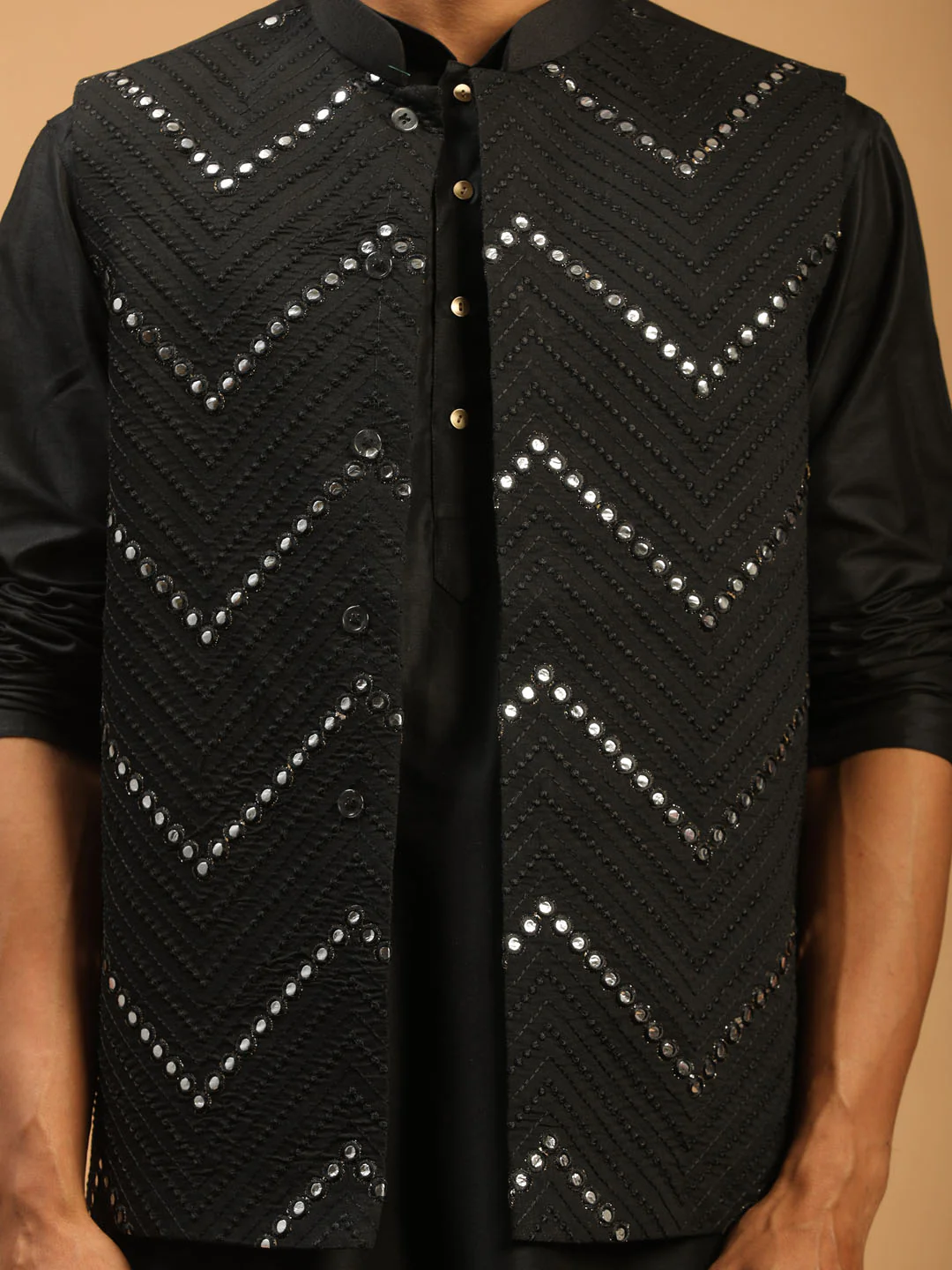 Men's Black Mirror Jacket With Kurta Patiala Set - Image 4