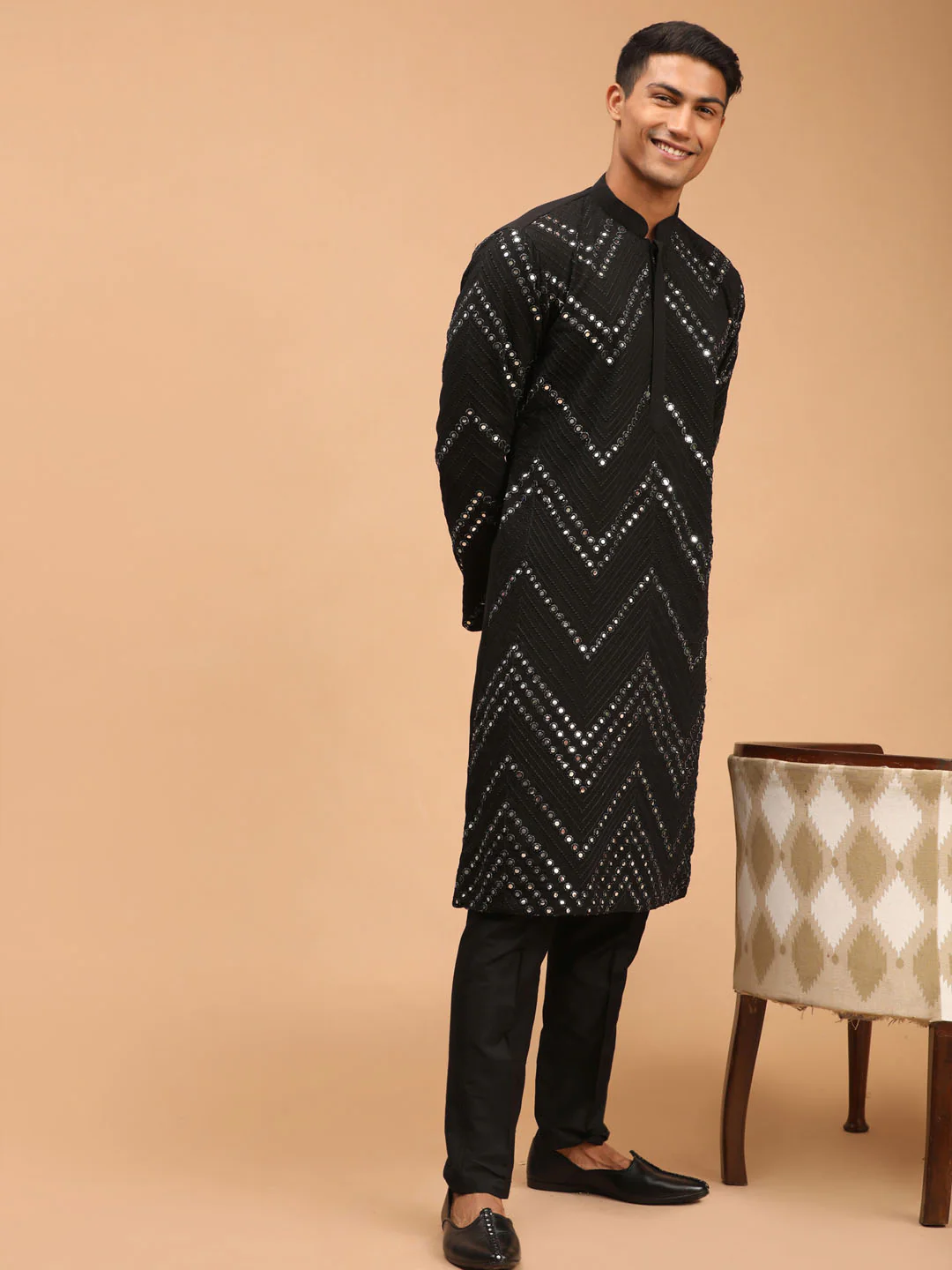 Men's Black Mirror Kurta Pant Set - Image 6