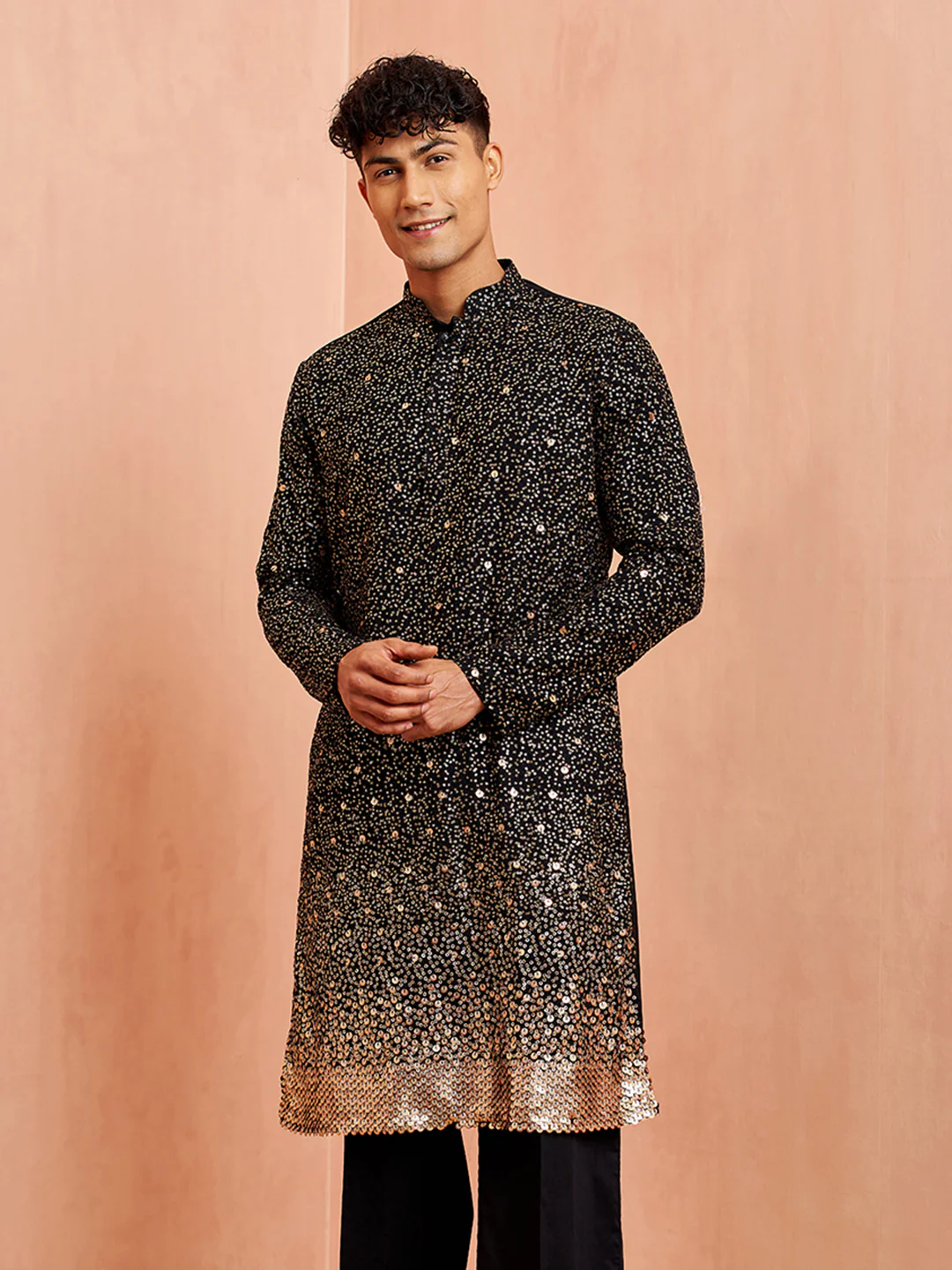 Men's Black Georgette Zari With Sequins Worked Kurta - Image 3