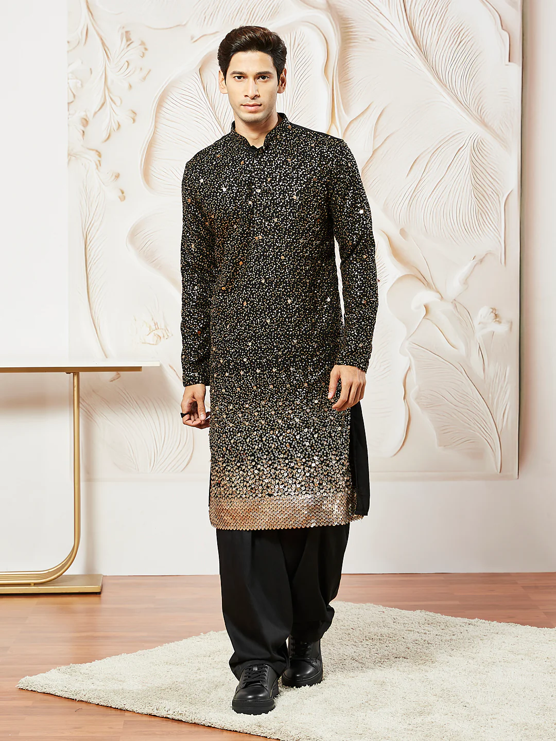 Men's Black Georgette Zari With Sequins Worked Kurta Patiala Set - Image 2