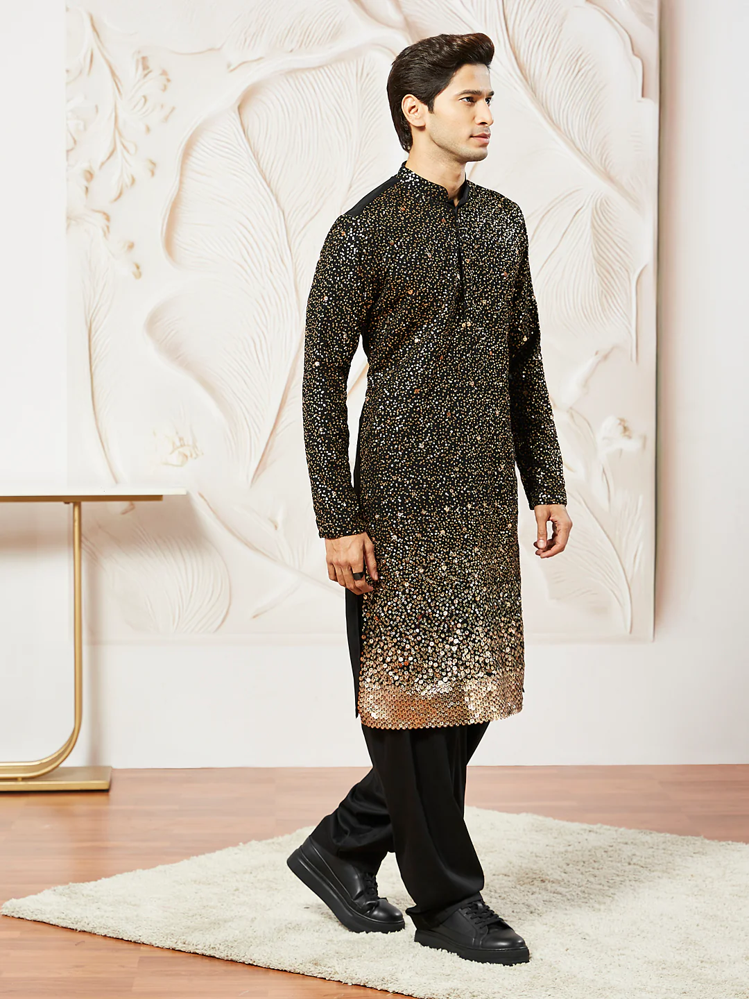 Men's Black Georgette Zari With Sequins Worked Kurta Patiala Set - Image 4