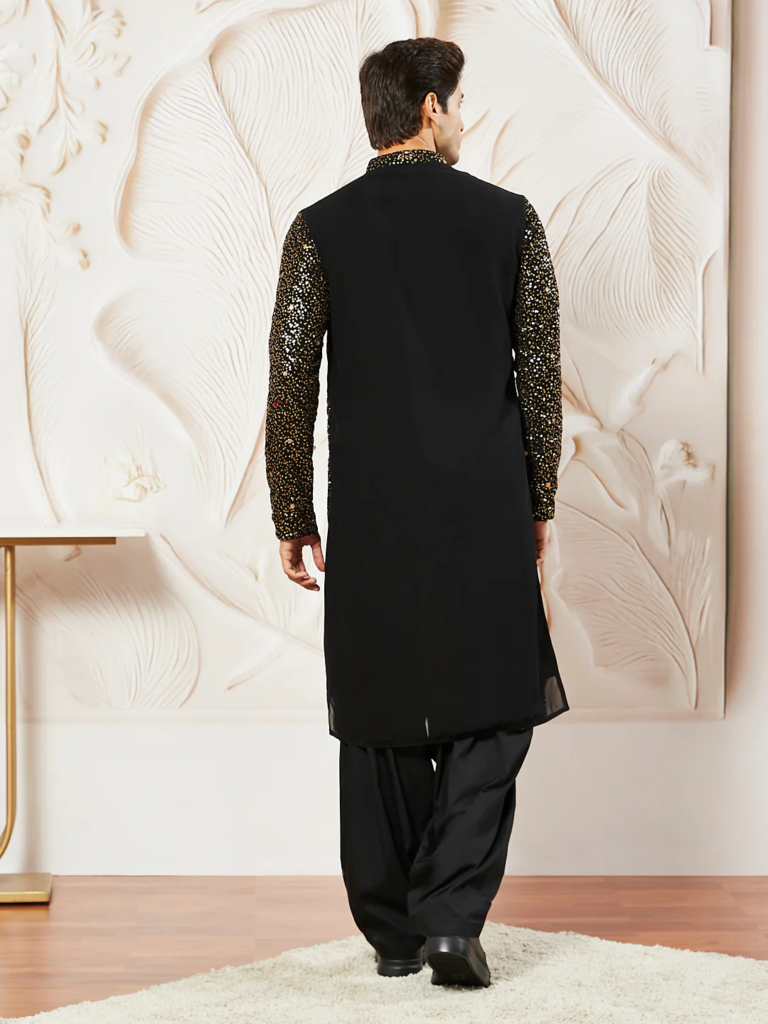Men's Black Georgette Zari With Sequins Worked Kurta Patiala Set - Image 5