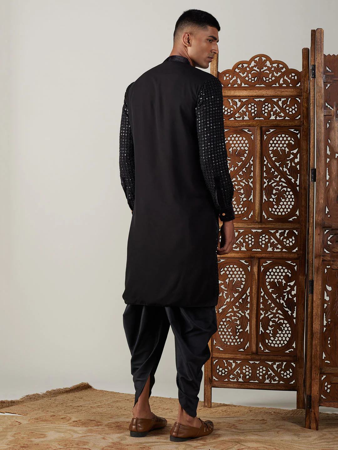 Men's Black Mirror Georgette Kurta Dhoti Set - Image 3