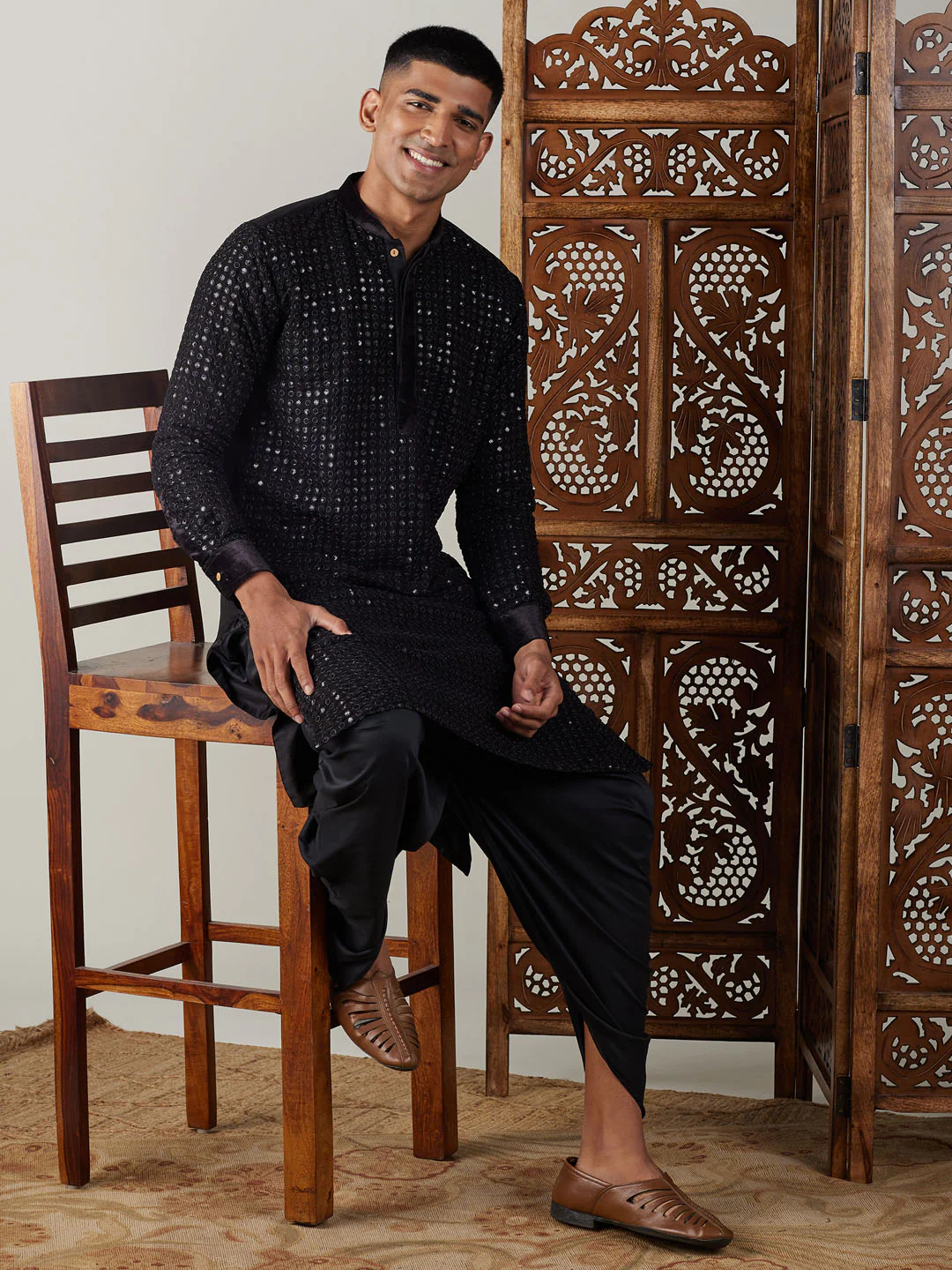 Men's Black Mirror Georgette Kurta Dhoti Set - Image 6