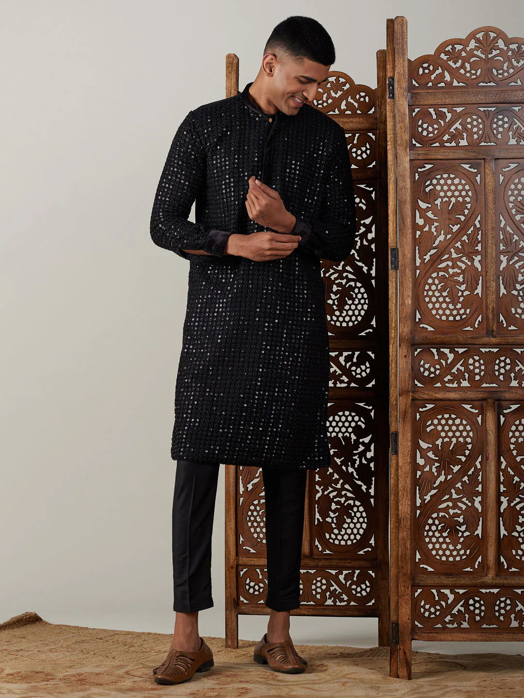 Men's Black Mirror Georgette Kurta Pant Set - Image 8