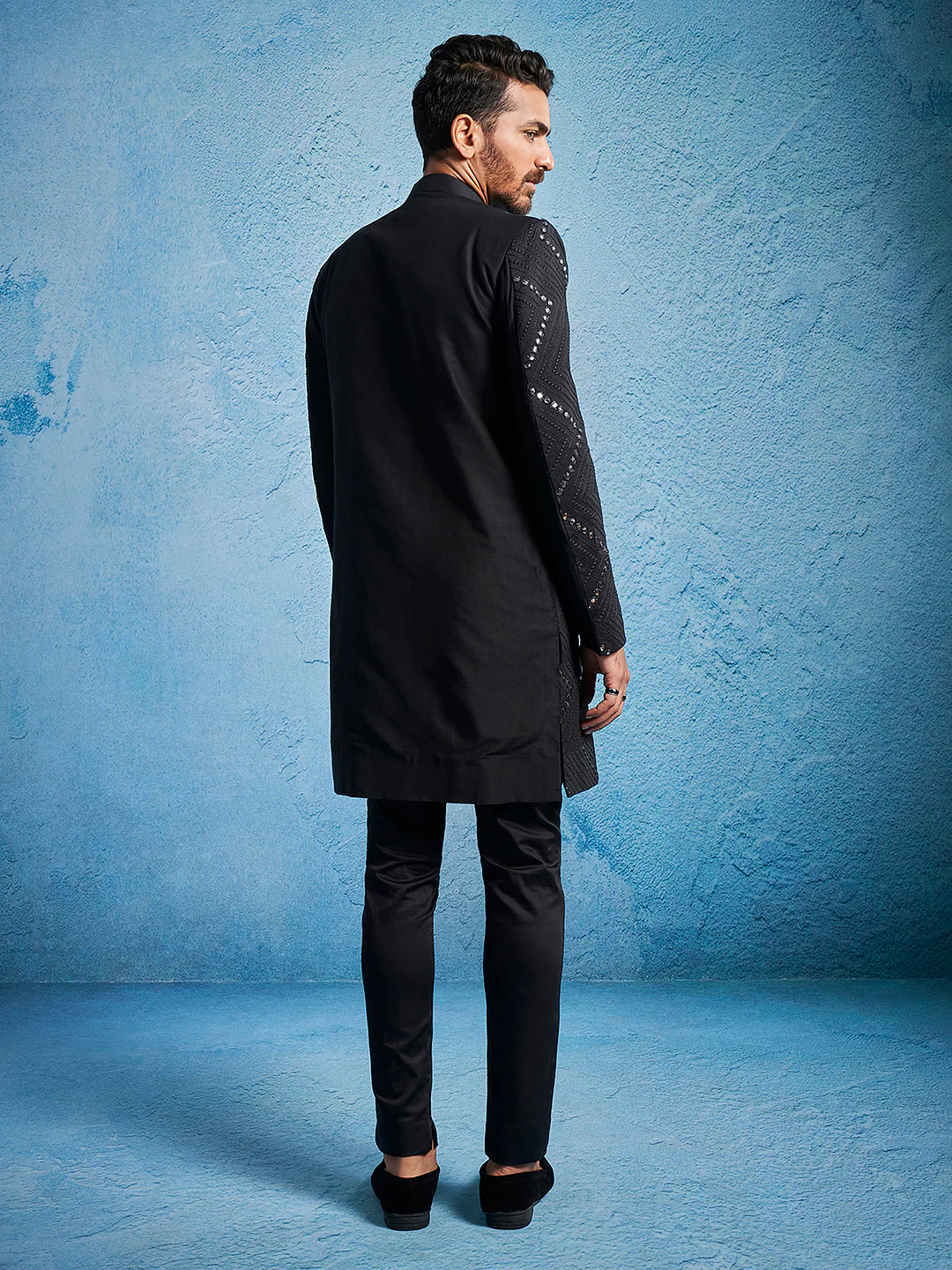 Men's Black Viscose Sherwani Set - Image 5