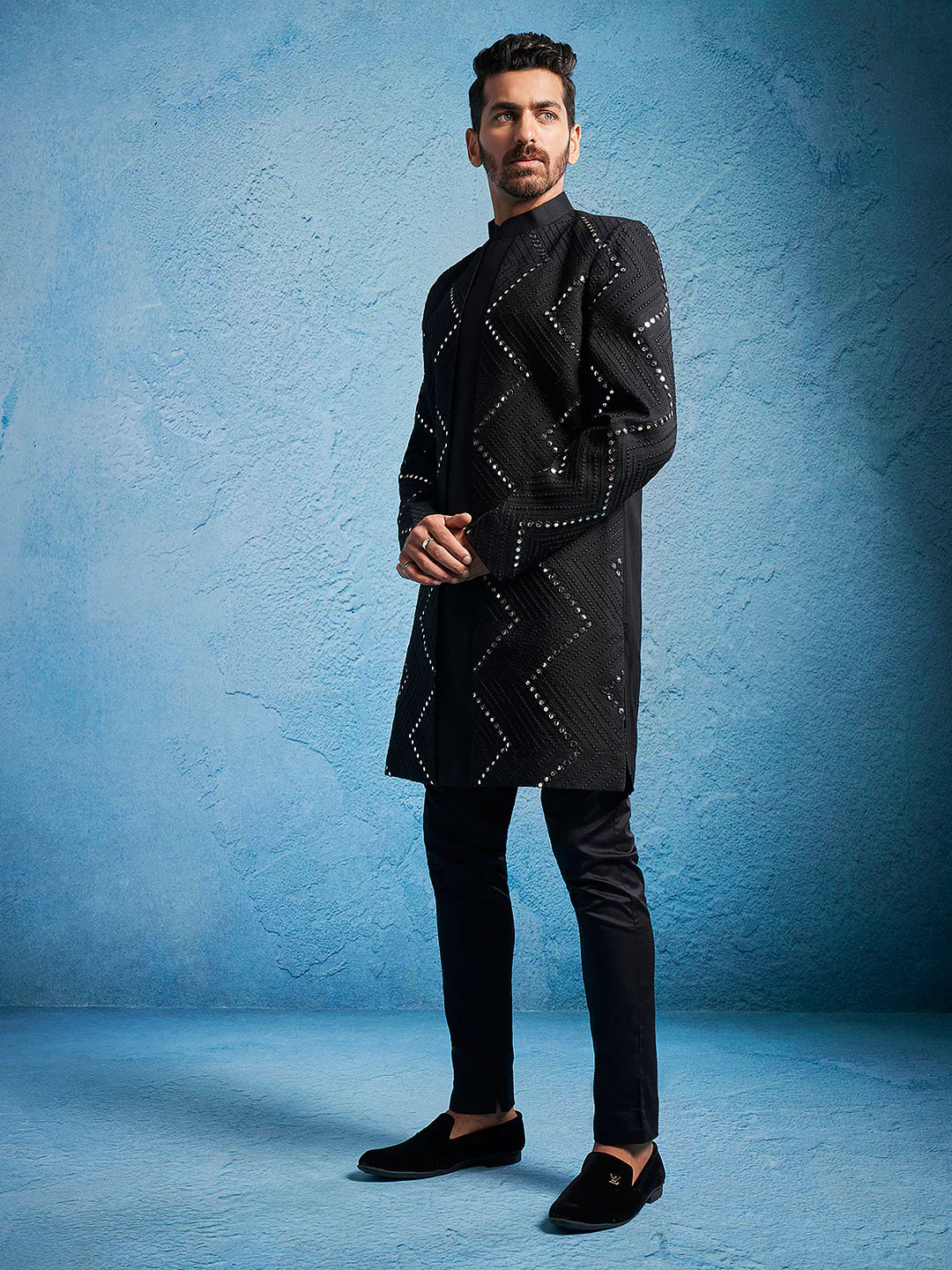 Men's Black Viscose Sherwani Set - Image 7