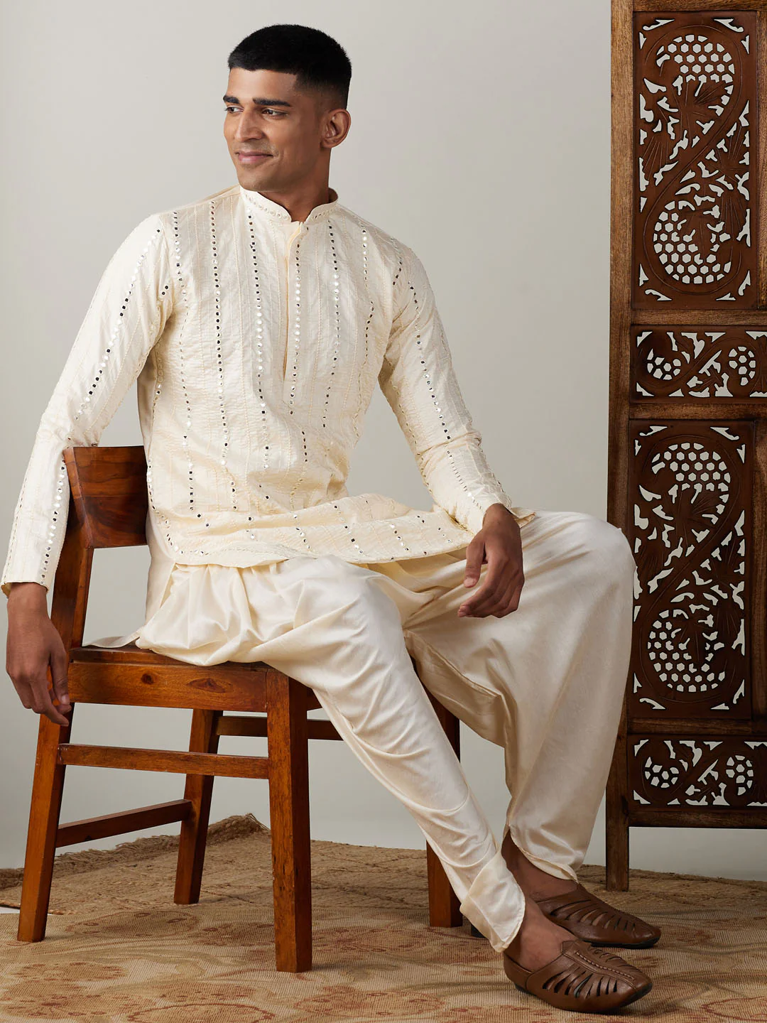 Men's Cream Mirror Kurta Dhoti Set - Image 6