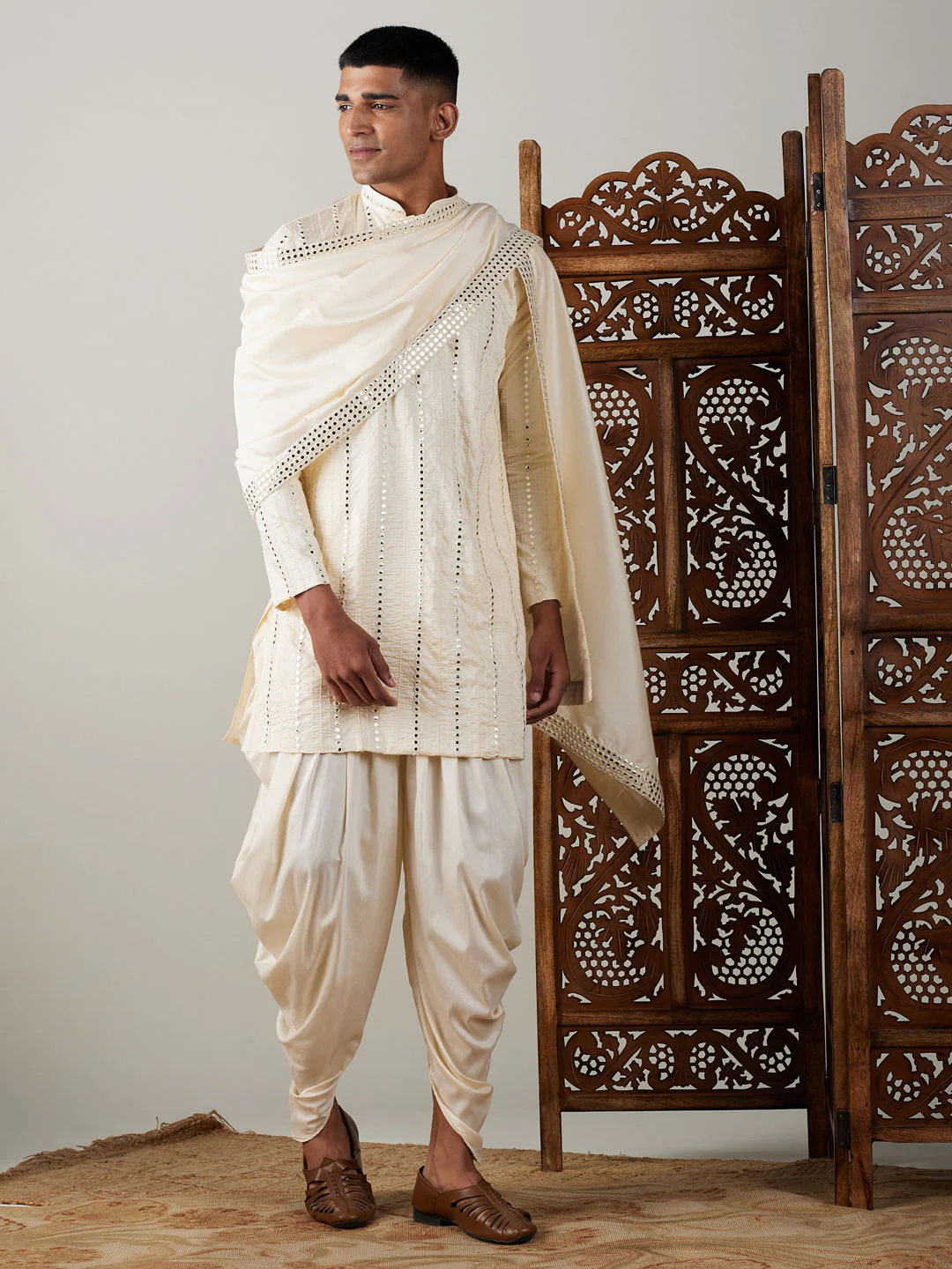 Men's Cream Mirror Kurta Dhoti And Dupatta Set - Image 8