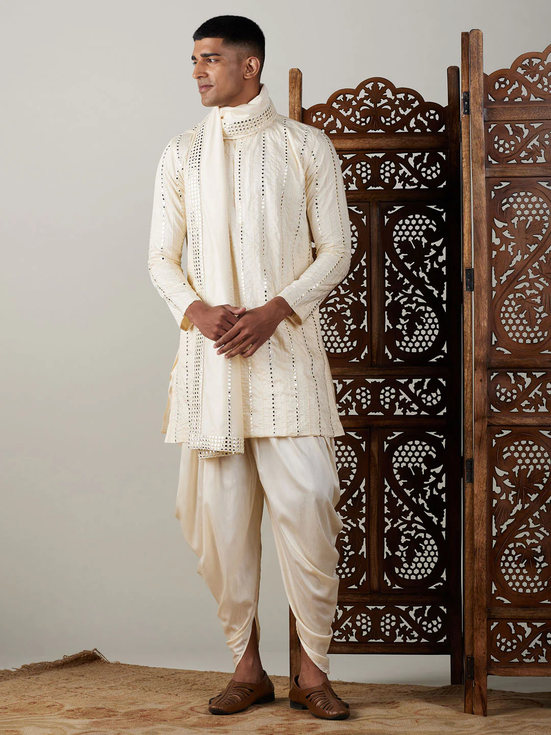 Men's Cream Mirror Kurta Dhoti And Dupatta Set - Image 7