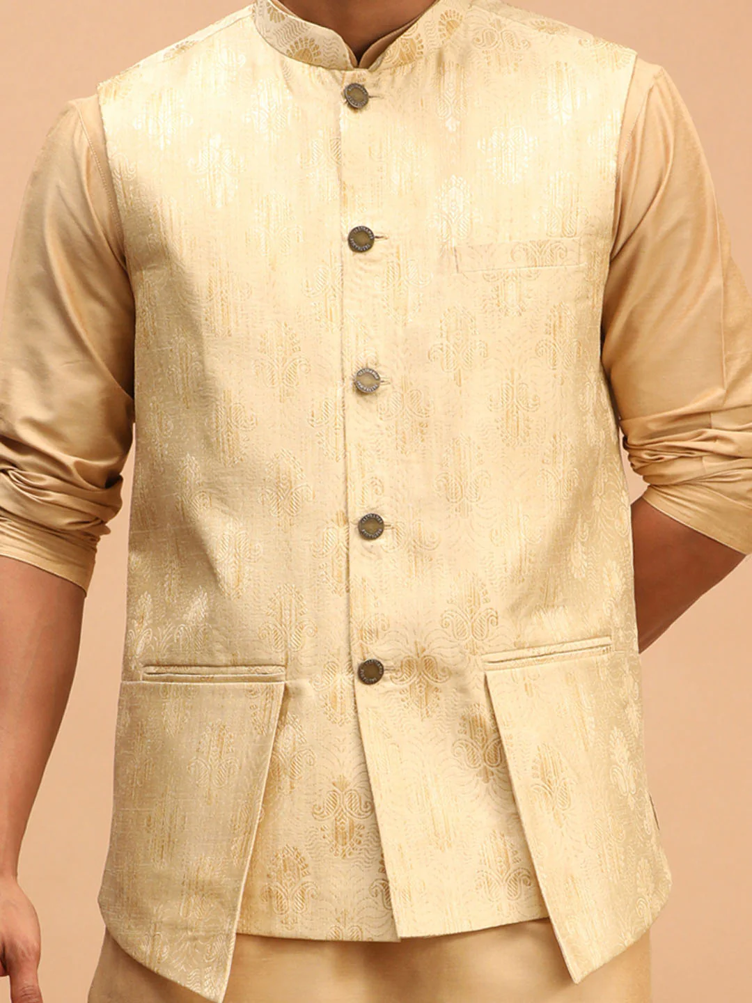 Men's Gold Woven Design Flap Ethnic Jacket And Rose Gold Kurta And Pyjama Set - Image 4