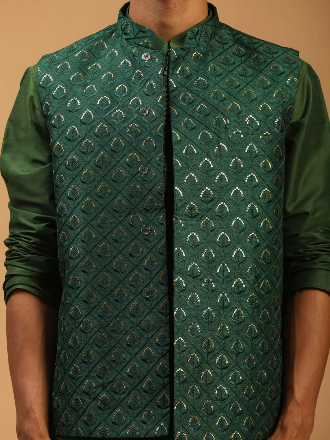 Men's Green Embellished Jacket And Green Kurta And Pant Set - Image 4
