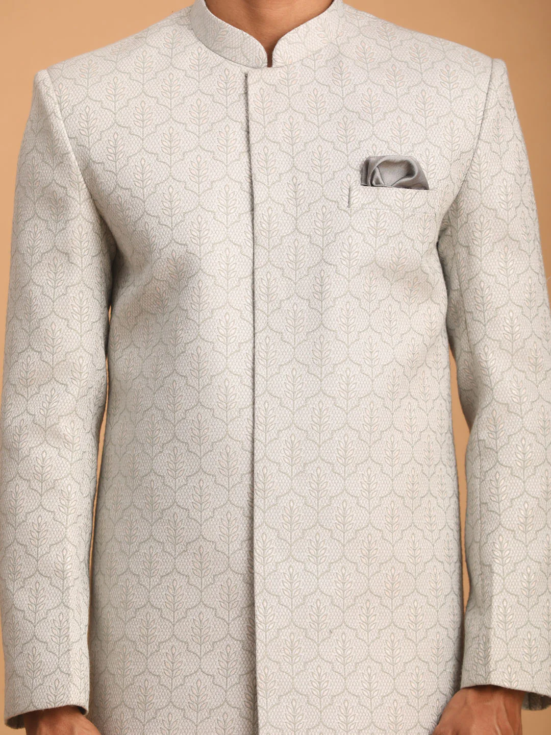 Men's Grey Jaccard Sherwani With Cream Pant Set - Image 4