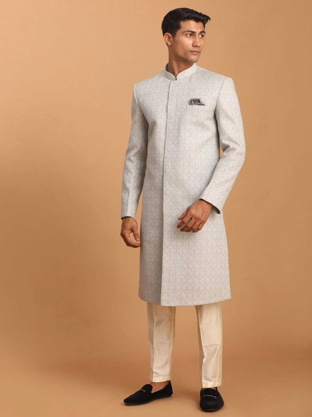 Men's Grey Jaccard Sherwani With Cream Pant Set - Image 6