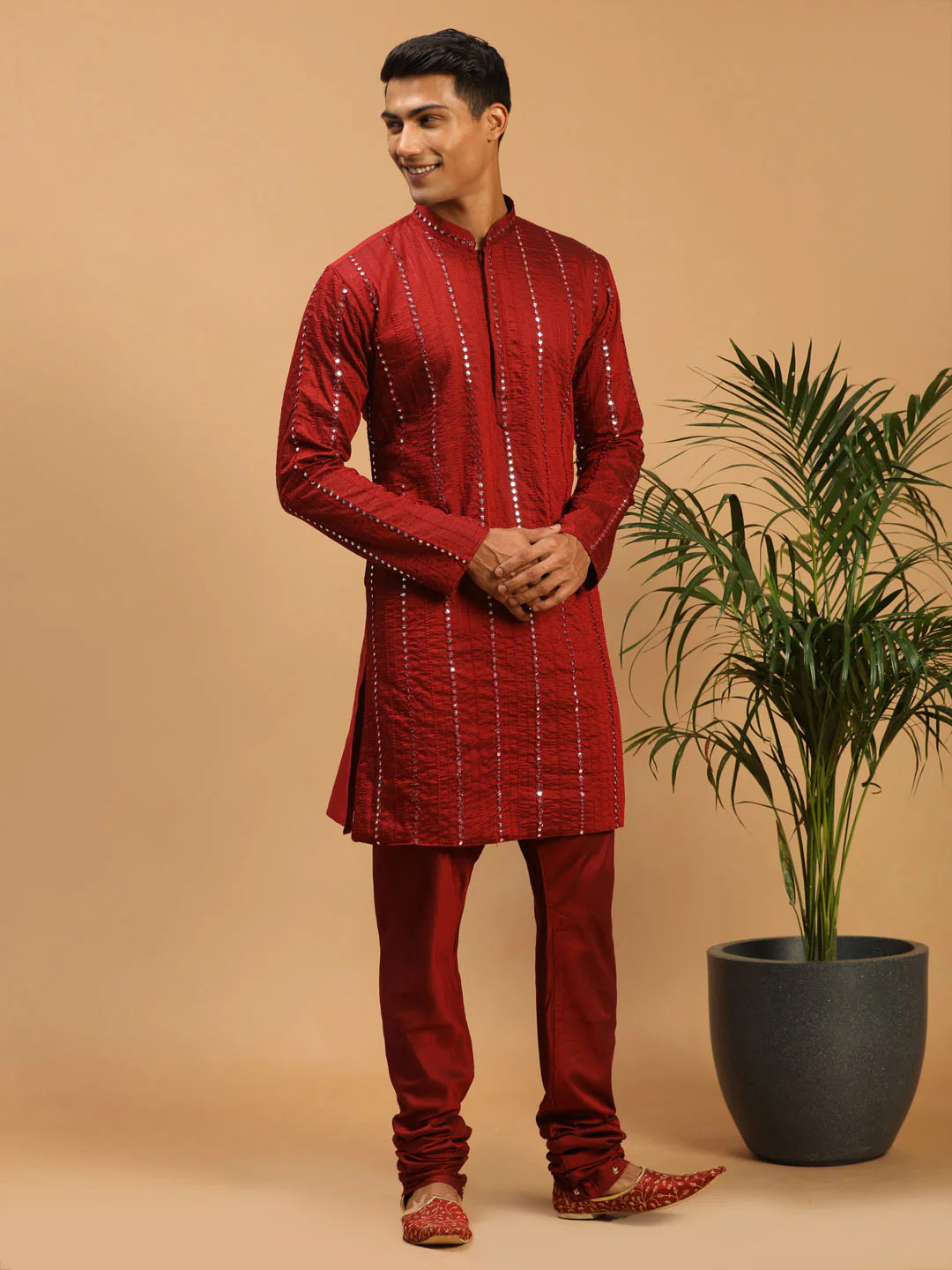 Men's Maroon Mirror Kurta Pyjama Set - Image 6