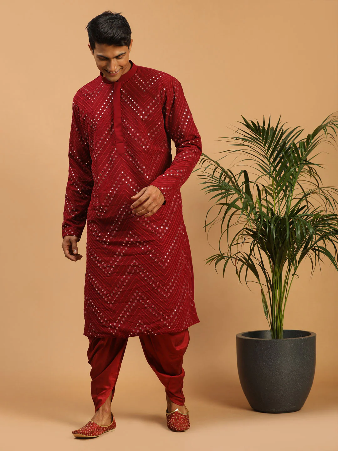 Men's Maroon Mirror Kurta Dhoti Set - Image 6