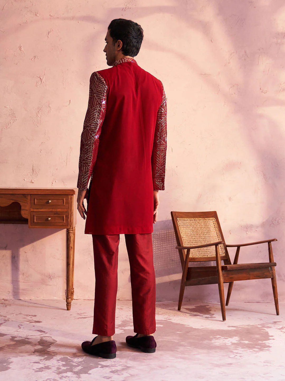 Men's Maroon Georgette Embellished Indo Set - Image 3