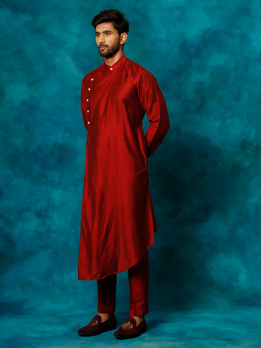 Men's Maroon Pleated Kurta - Image 5