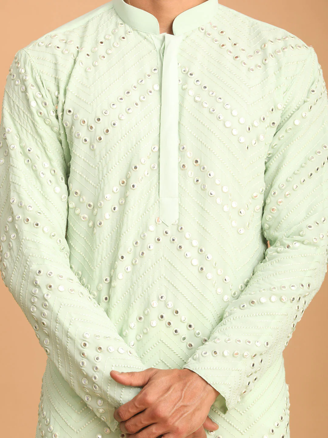 Men's Mint Green Mirror Kurta Pant Set - Image 5