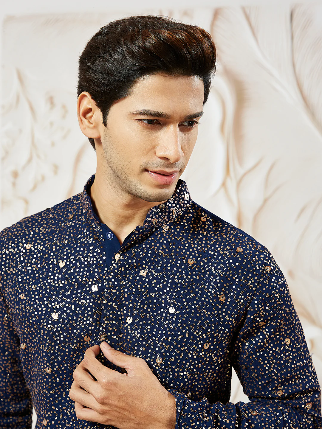 Men's Navy Blue Georgette Zari With Sequins Worked Kurta Patiala Set - Image 3