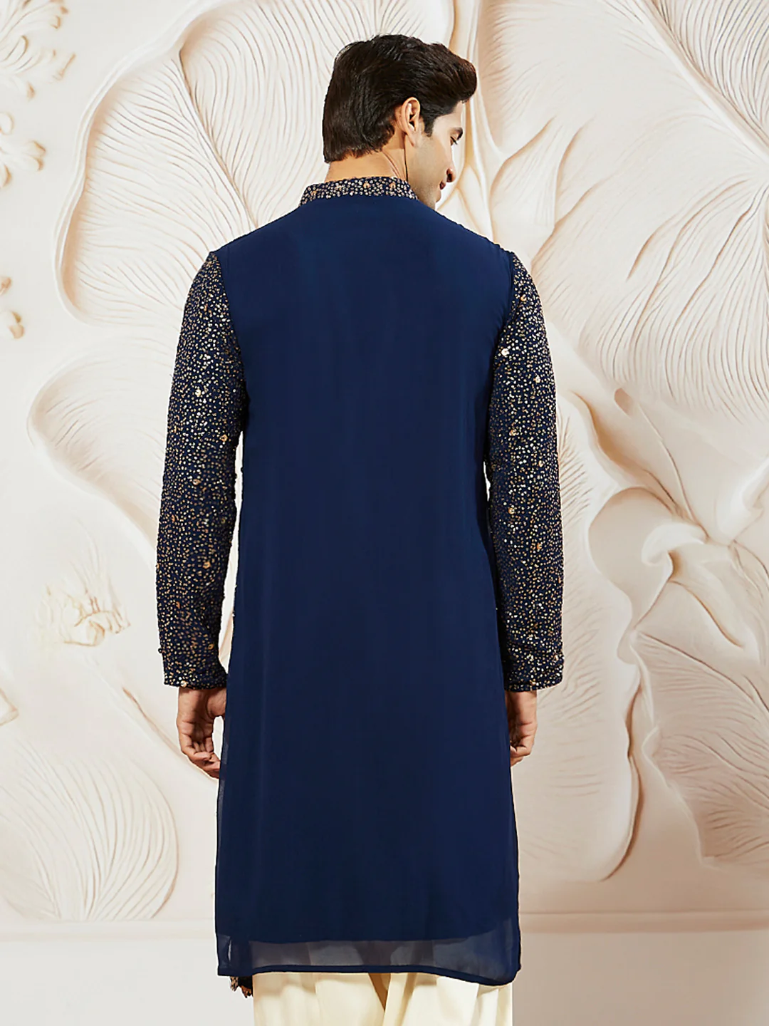 Men's Navy Blue Georgette Zari With Sequins Worked Kurta - Image 4