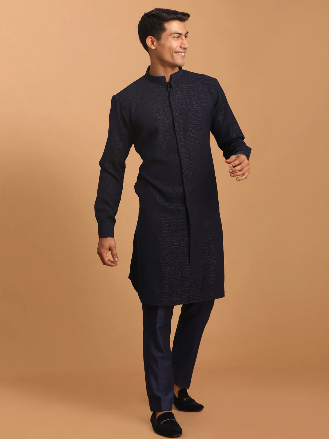 Men's Navy Blue Printed Kurta With Pant Set - Image 7