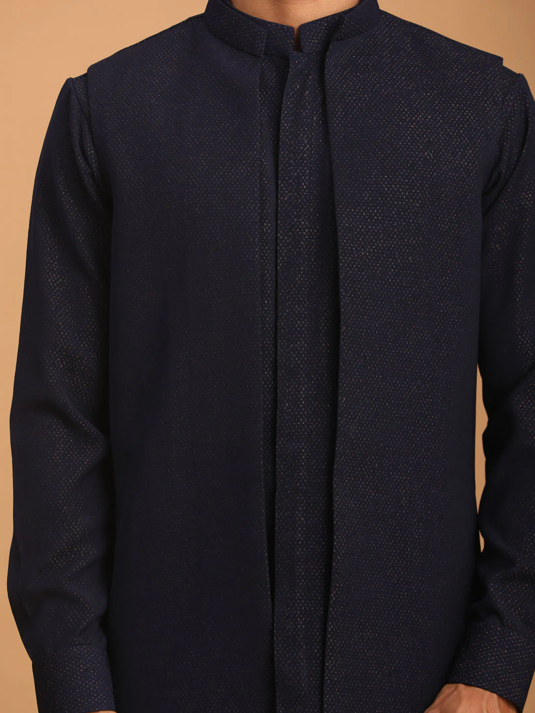 Men's Navy Blue Printed Jacket Kurta Pant Set - Image 4