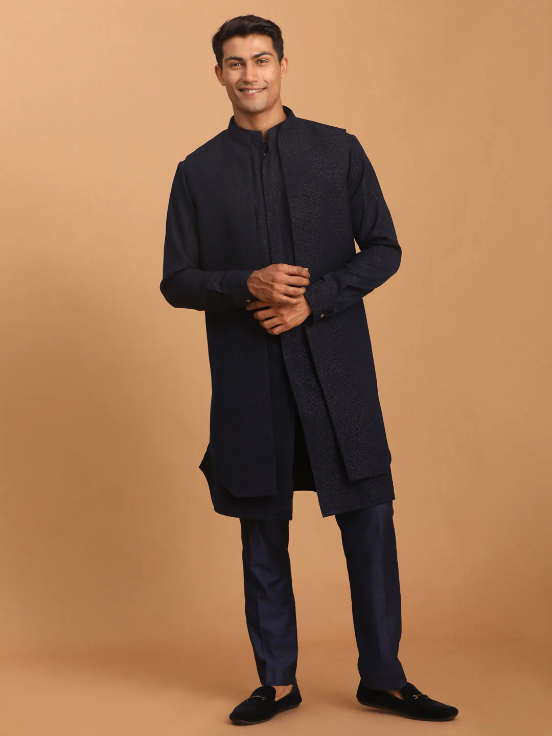 Men's Navy Blue Printed Jacket Kurta Pant Set - Image 6
