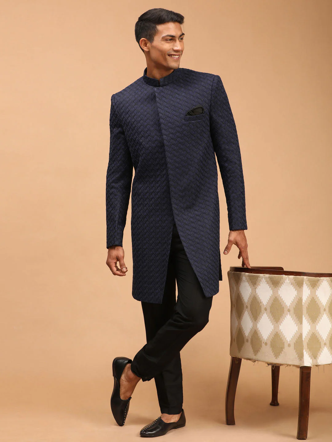 Men's Navy Blue Imported Jacquard Self Design Sherwani Set - Image 2
