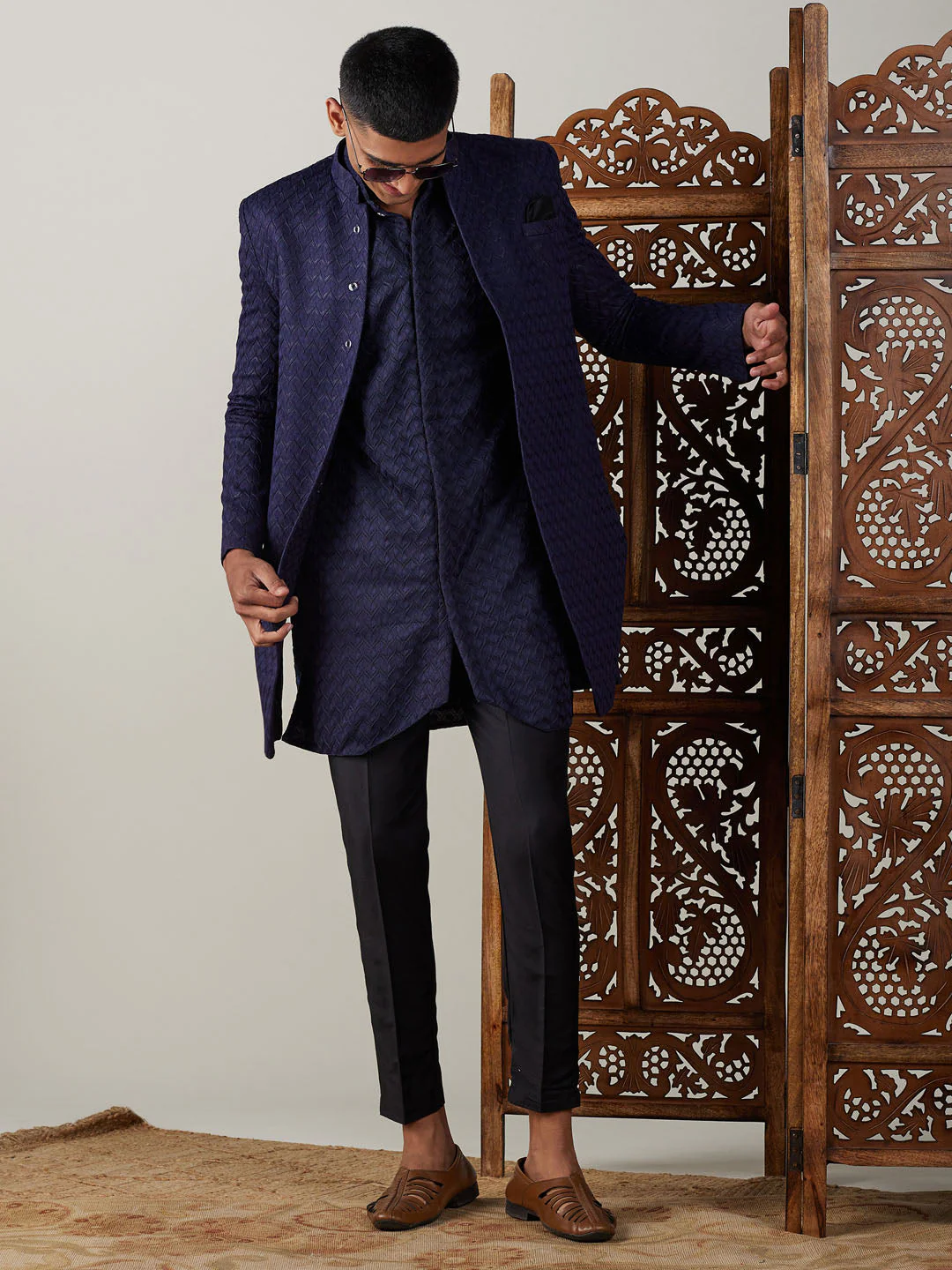 Men's Navy Blue Jacquard Indo With Kurta Pant Set - Image 6